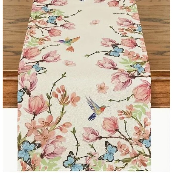 Table Runner 13x72in Woven Polyester Floral with Butterflies Pastel - Picture 1 of 3